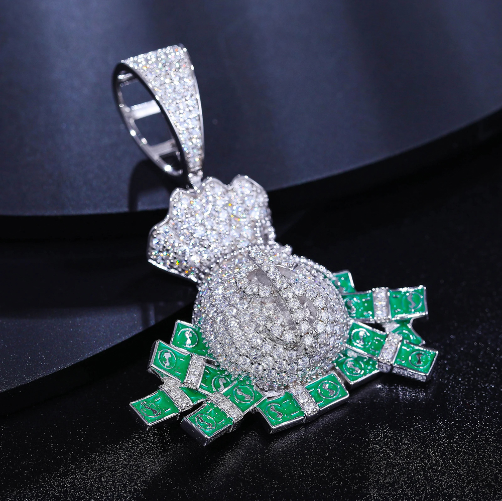 Midas Vael™ – Moissanite Dollar Bag Pendant Necklace in 925 Sterling Silver or Gold Plating | Iced Out Pendant with GRA-Certified Stones