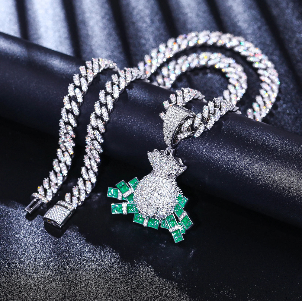 Midas Vael™ – Moissanite Dollar Bag Pendant Necklace in 925 Sterling Silver or Gold Plating | Iced Out Pendant with GRA-Certified Stones