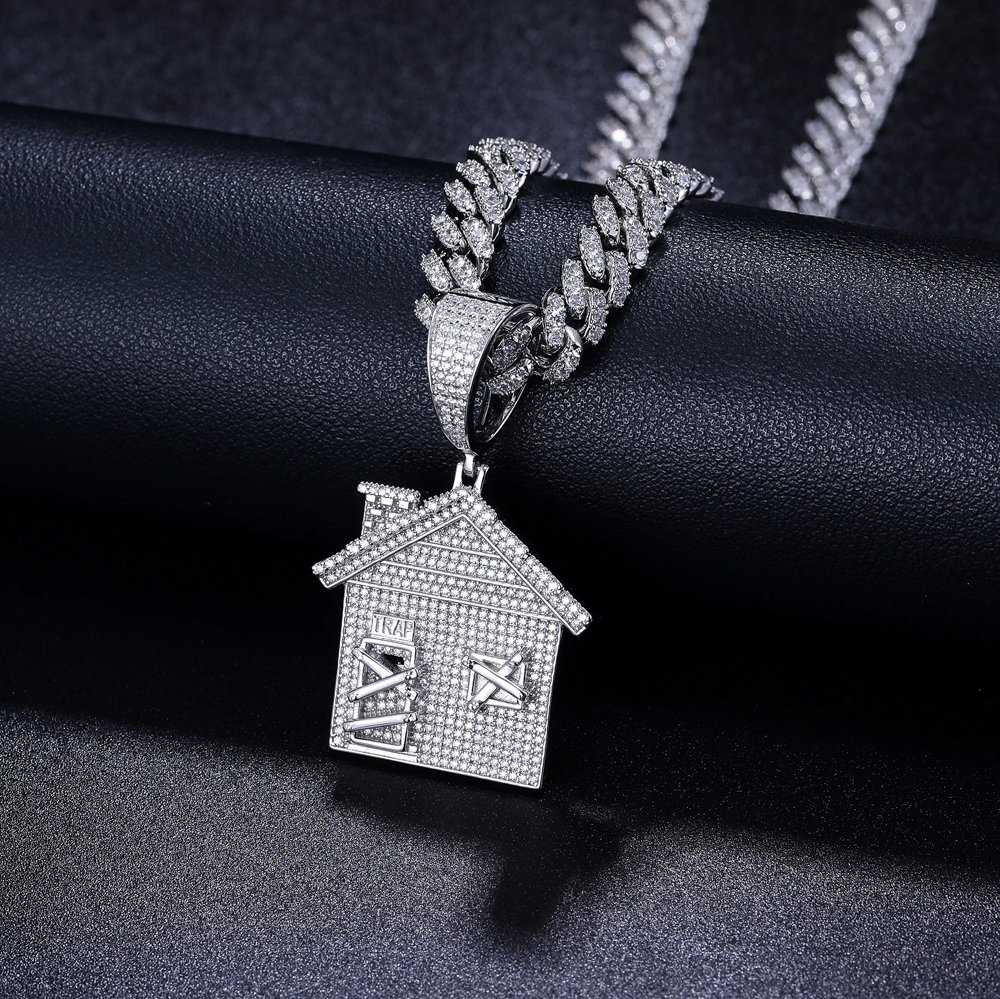 Asher Haven™ Moissanite House Pendant – GRA Certified 925 Sterling Silver & Gold Finish Iced-Out Necklace 