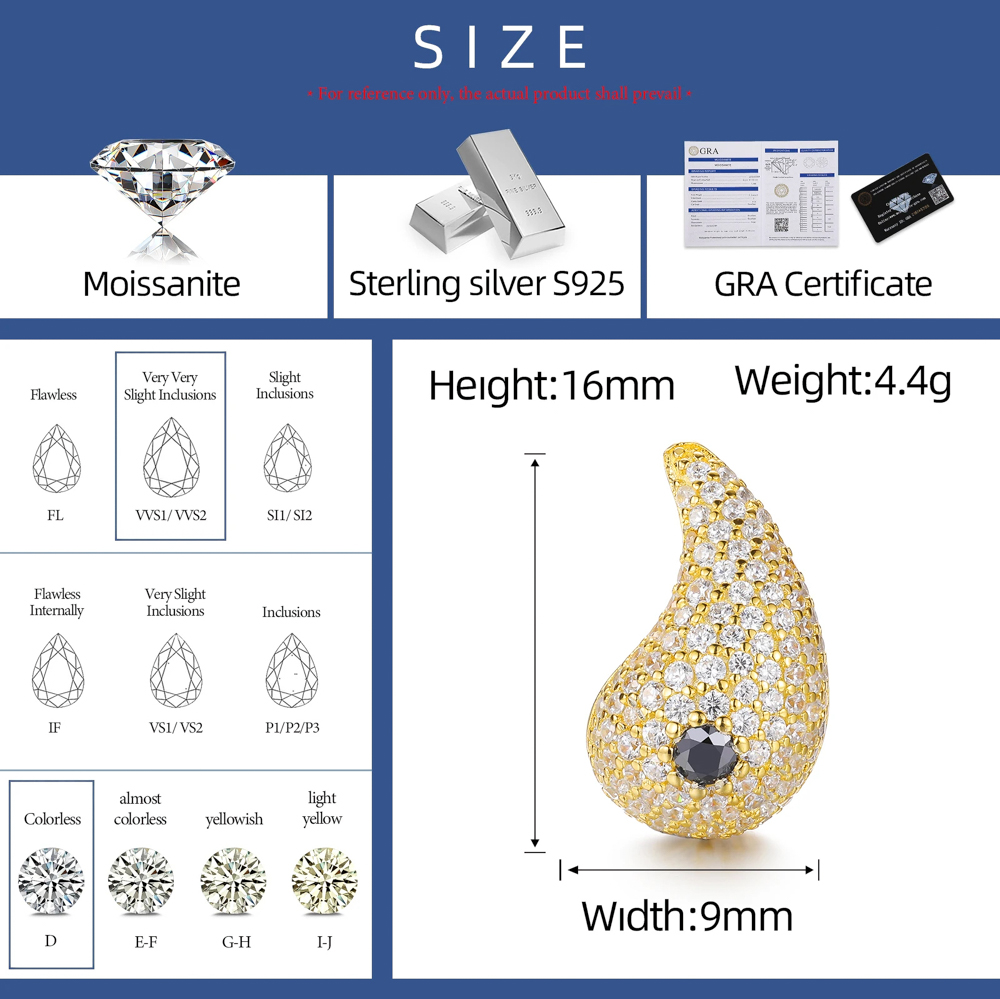 Auralis Drip™ – 925 Sterling Silver or Gold Teardrop Moissanite Earrings with Black Diamond Accent, VVS1 D Color Stones, GRA Certified