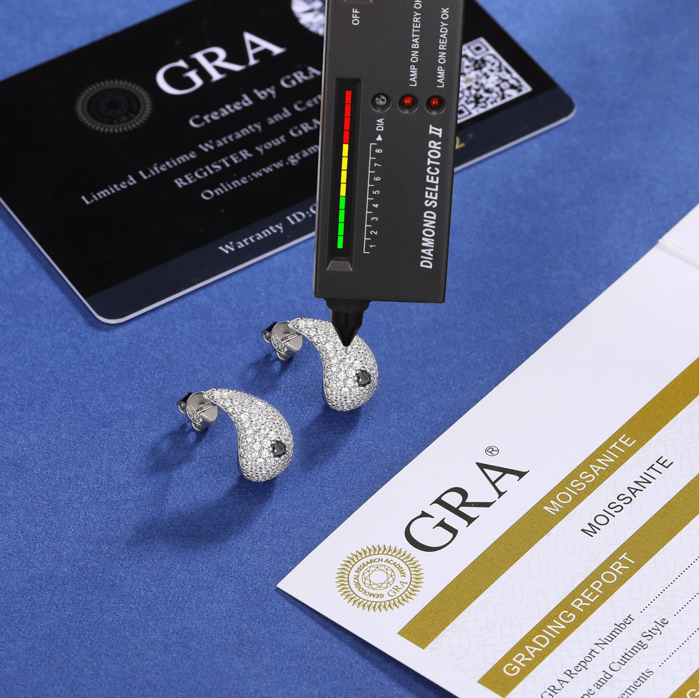 Auralis Drip™ – 925 Sterling Silver or Gold Teardrop Moissanite Earrings with Black Diamond Accent, VVS1 D Color Stones, GRA Certified