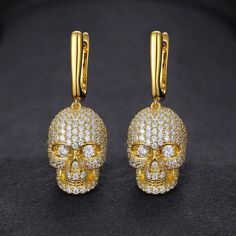 Azra'El Nocturne™ – 925 Gold Skull Moissanite Drop Earrings | Iced-Out Statement Hip Hop Jewelry