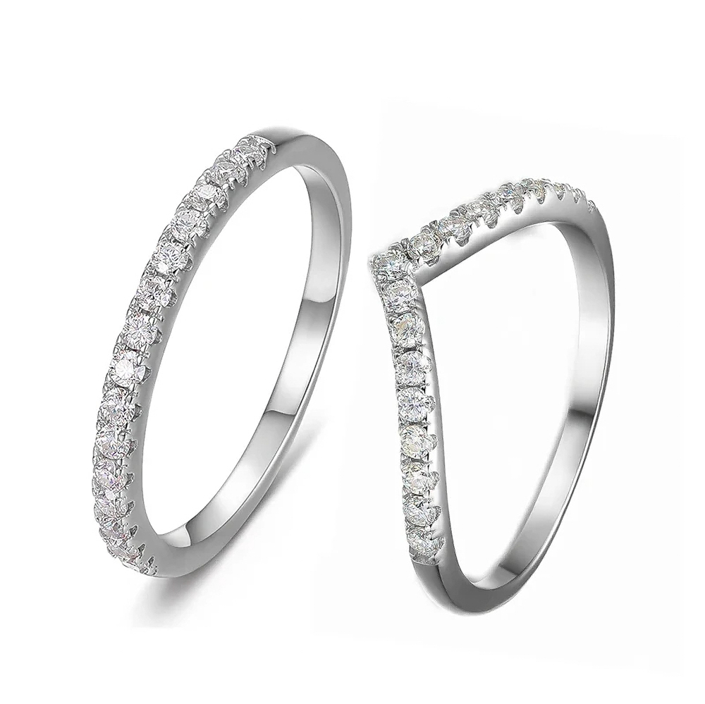 The Alarice Band™ – White Gold Moissanite V-Curve Eternity Ring in 925 Sterling Silver, Stackable Pavé Band, Diamond Tester Certified