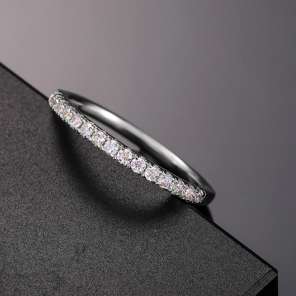 The Alarice Band™ – White Gold Moissanite V-Curve Eternity Ring in 925 Sterling Silver, Stackable Pavé Band, Diamond Tester Certified