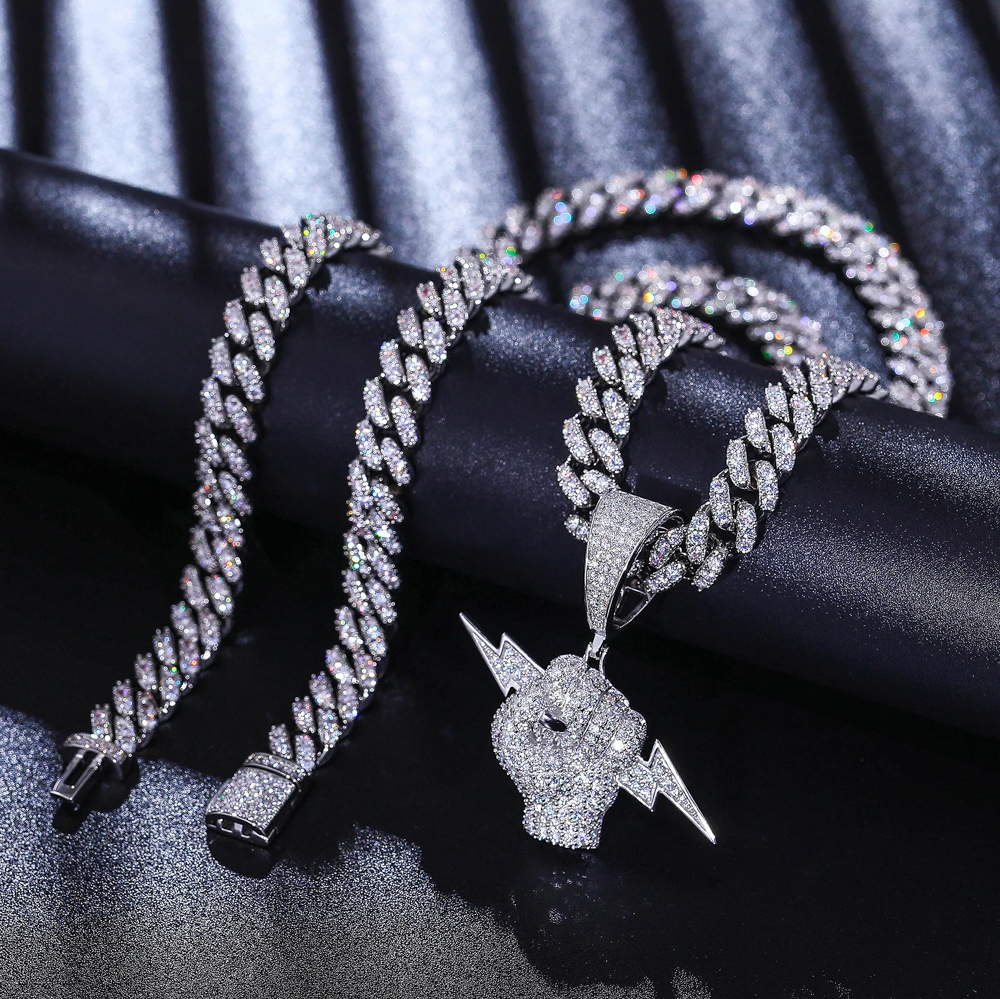 The Kaelion Volt™ – Fist and Lightning Pendant Necklace in 925 Sterling Silver with D Color VVS1 Moissanite Stones & GRA Certification