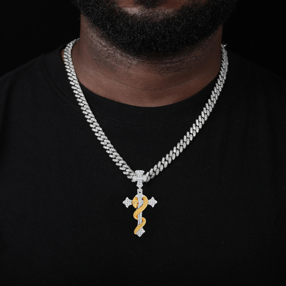 Azazel Snake Winding Cross Pendant – Iced Out Moissanite Necklace in Sterling Silver or Gold Finish