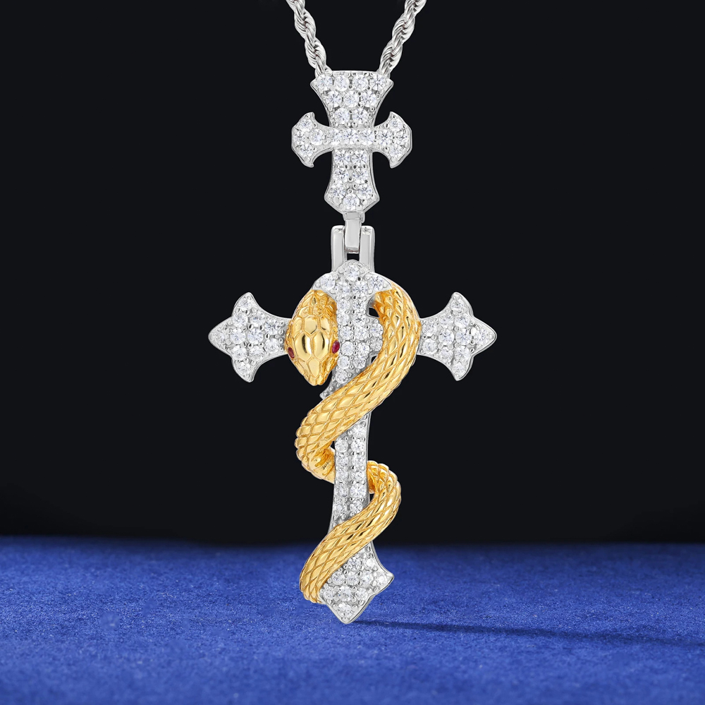 Azazel Snake Winding Cross Pendant – Iced Out Moissanite Necklace in Sterling Silver or Gold Finish