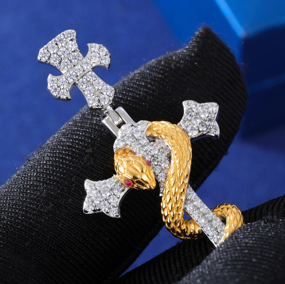 Azazel Snake Winding Cross Pendant – Iced Out Moissanite Necklace in Sterling Silver or Gold Finish