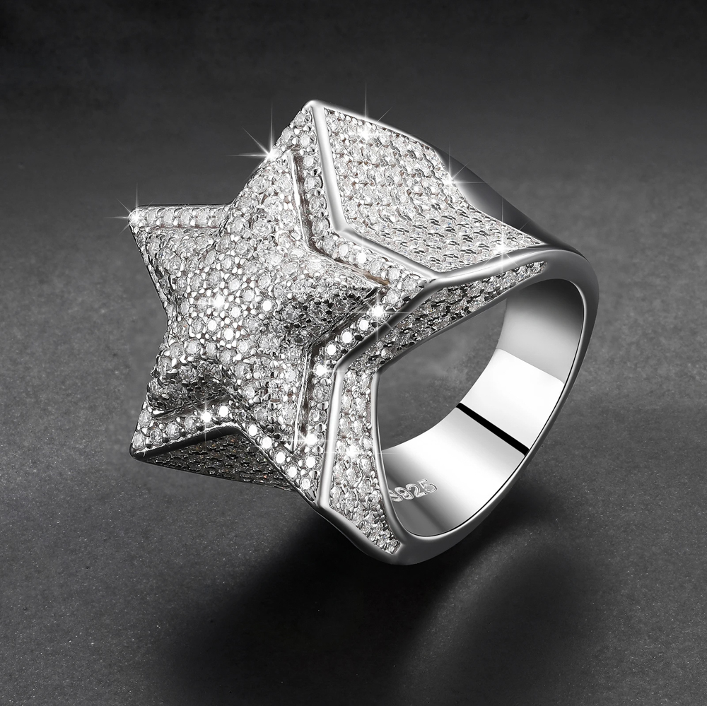 The Astryx Nova™ – Iced Star Ring in 925 Sterling Silver or Gold Finish with D Color VVS Moissanite Stones