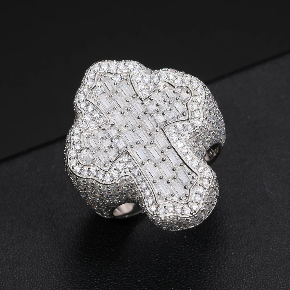 Zafiel Crest™ – Iced Moissanite Cross Statement Ring in 925 Sterling Silver or Gold Finish with GRA-Certified D Color VVS Stones