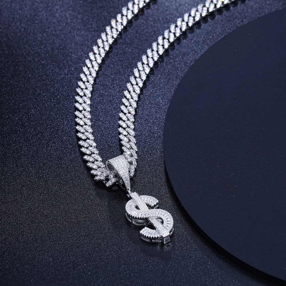 The Kairo Luxe™ – Iced Out Dollar Sign Pendant Necklace in 925 Sterling Silver or Gold with D Color Moissanite & GRA Certification