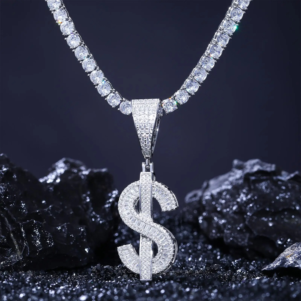 The Kairo Luxe™ – Iced Out Dollar Sign Pendant Necklace in 925 Sterling Silver or Gold with D Color Moissanite & GRA Certification