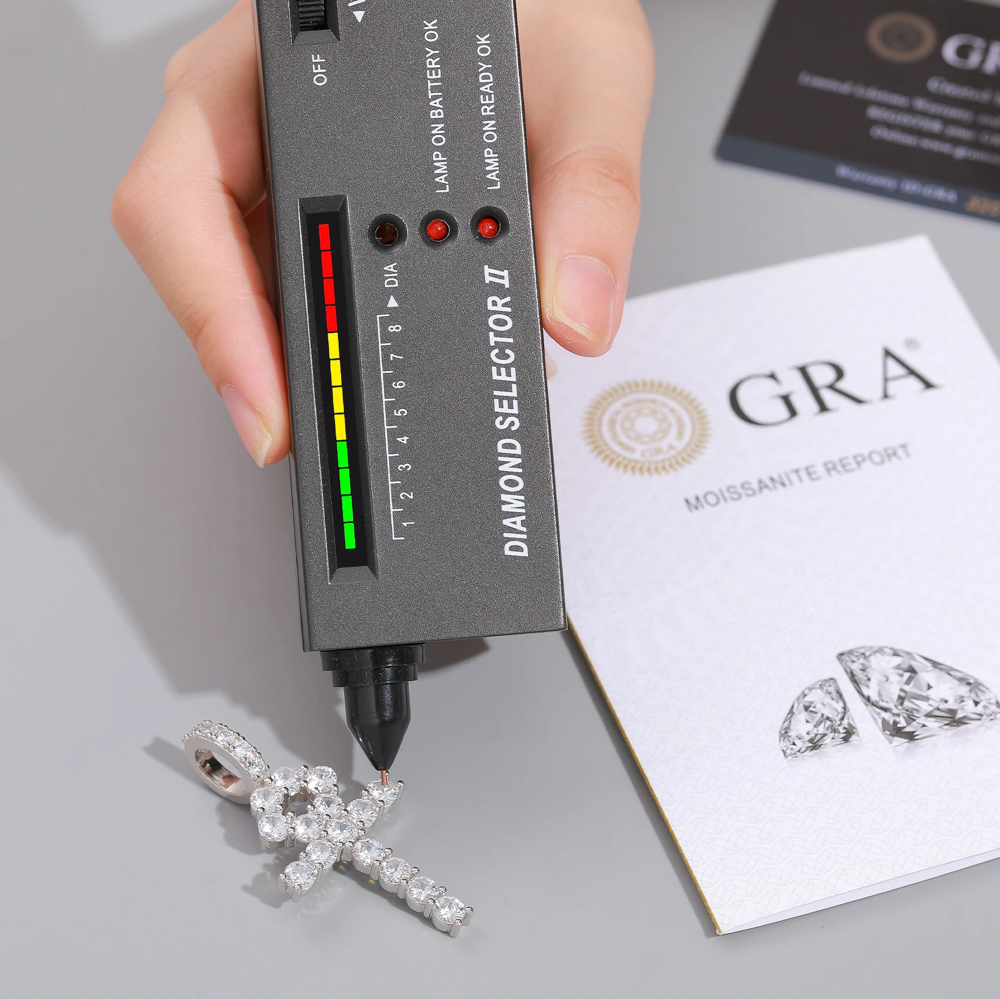 The Amari Ankh™ – Moissanite Ankh Cross Pendant Necklace in 925 Sterling Silver with GRA Certification & Tennis Chain