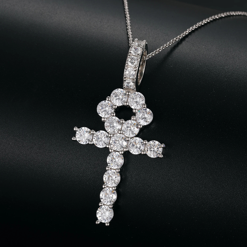 The Amari Ankh™ – Moissanite Ankh Cross Pendant Necklace in 925 Sterling Silver with GRA Certification & Tennis Chain