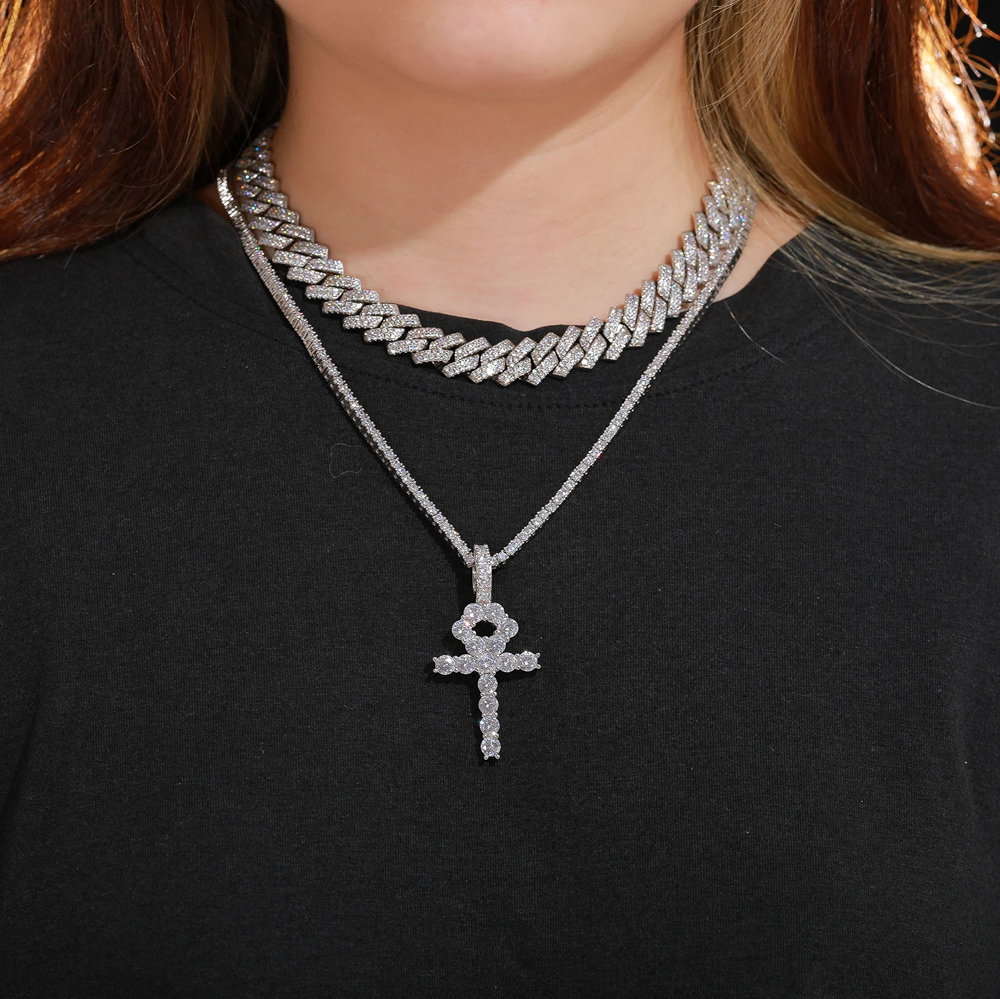The Amari Ankh™ – Moissanite Ankh Cross Pendant Necklace in 925 Sterling Silver with GRA Certification & Tennis Chain