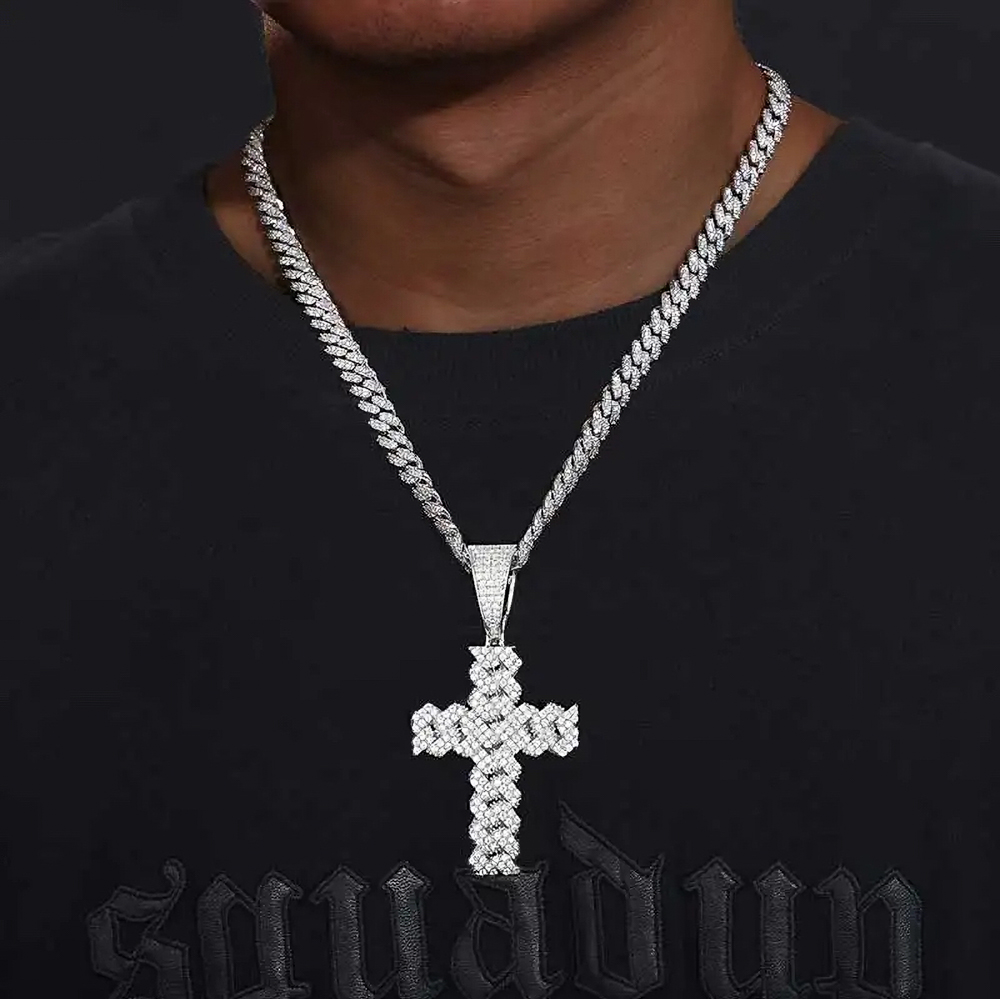 The Marcellion Cross™ – Fully Iced Moissanite Rope Cross Pendant in 925 Sterling Silver or Gold Finish with GRA Certification