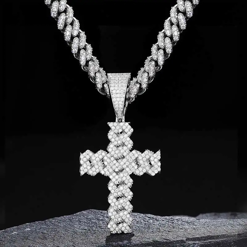 The Marcellion Cross™ – Fully Iced Moissanite Rope Cross Pendant in 925 Sterling Silver or Gold Finish with GRA Certification