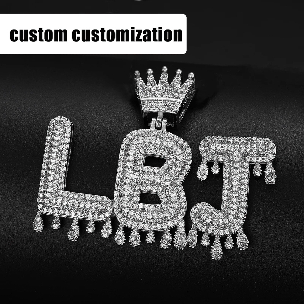 The Royal Cipher™ – Custom Iced Out Moissanite Name Pendant Necklace in 925 Sterling Silver with Crown Design and Drip Detailing