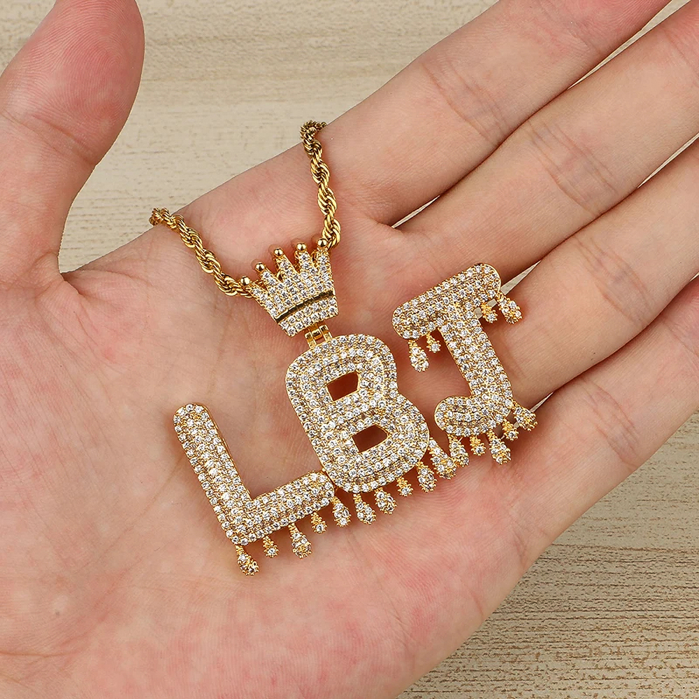 The Royal Cipher™ – Custom Iced Out Moissanite Name Pendant Necklace in 925 Sterling Silver with Crown Design and Drip Detailing