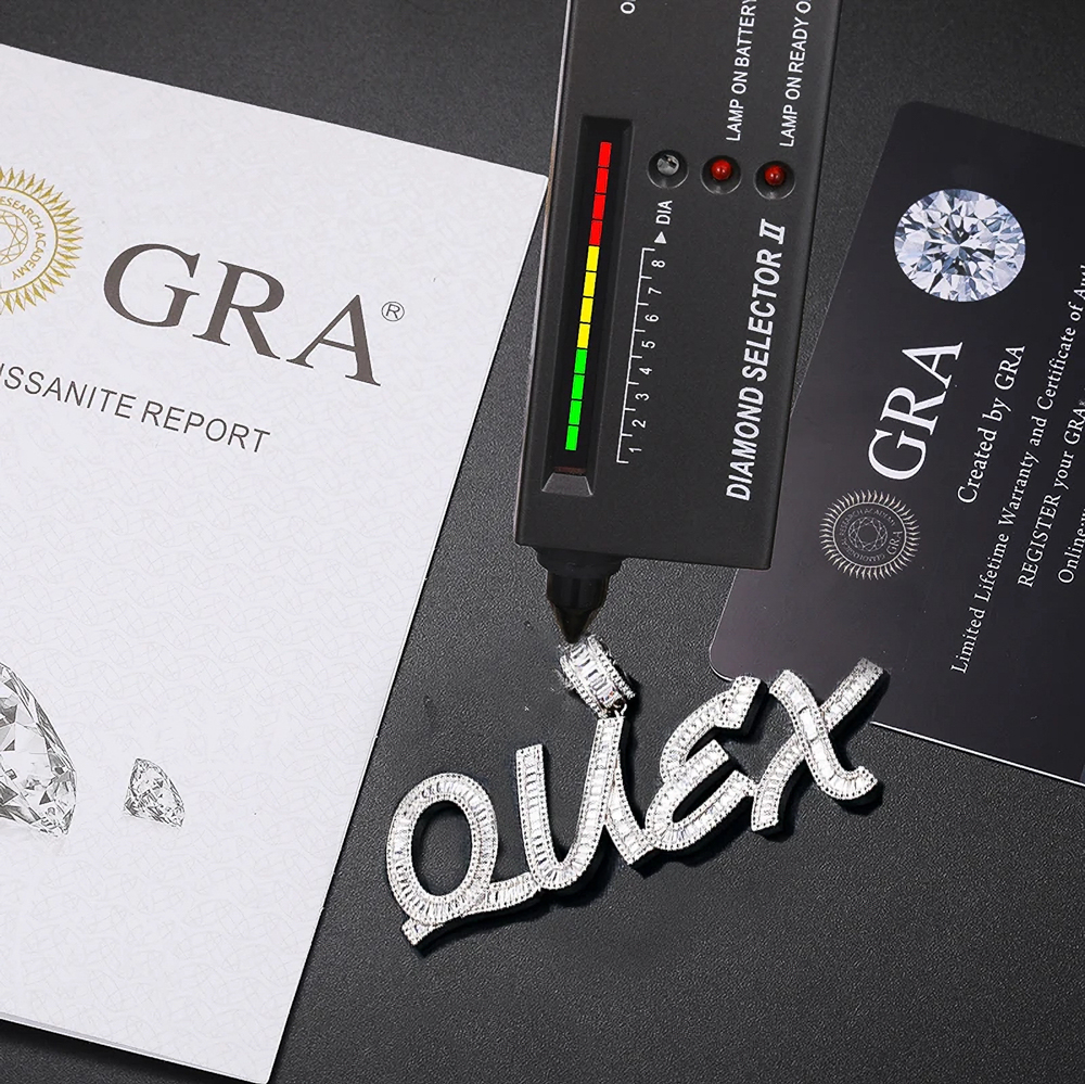 The Kairo Luxe™ – Custom Baguette Moissanite Name Pendant Necklace in 925 Sterling Silver with GRA Certification