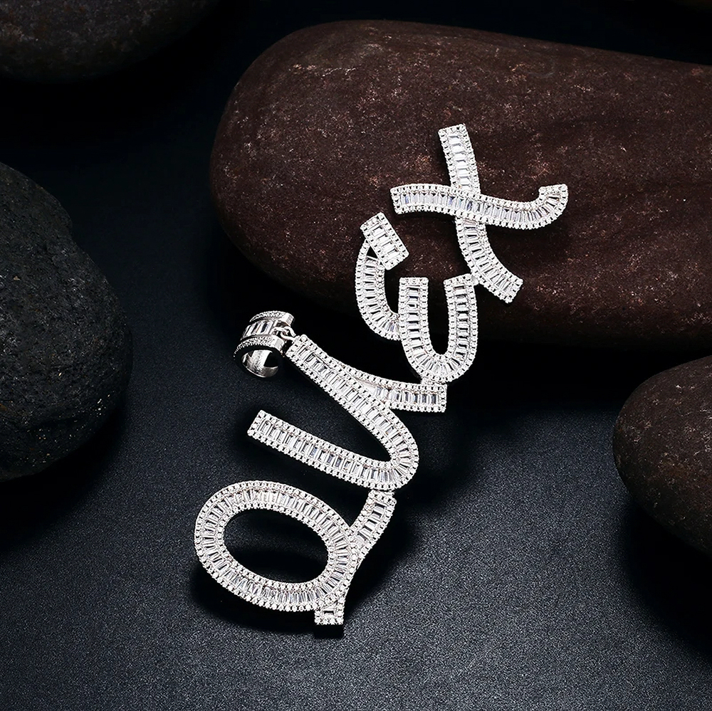 The Kairo Luxe™ – Custom Baguette Moissanite Name Pendant Necklace in 925 Sterling Silver with GRA Certification