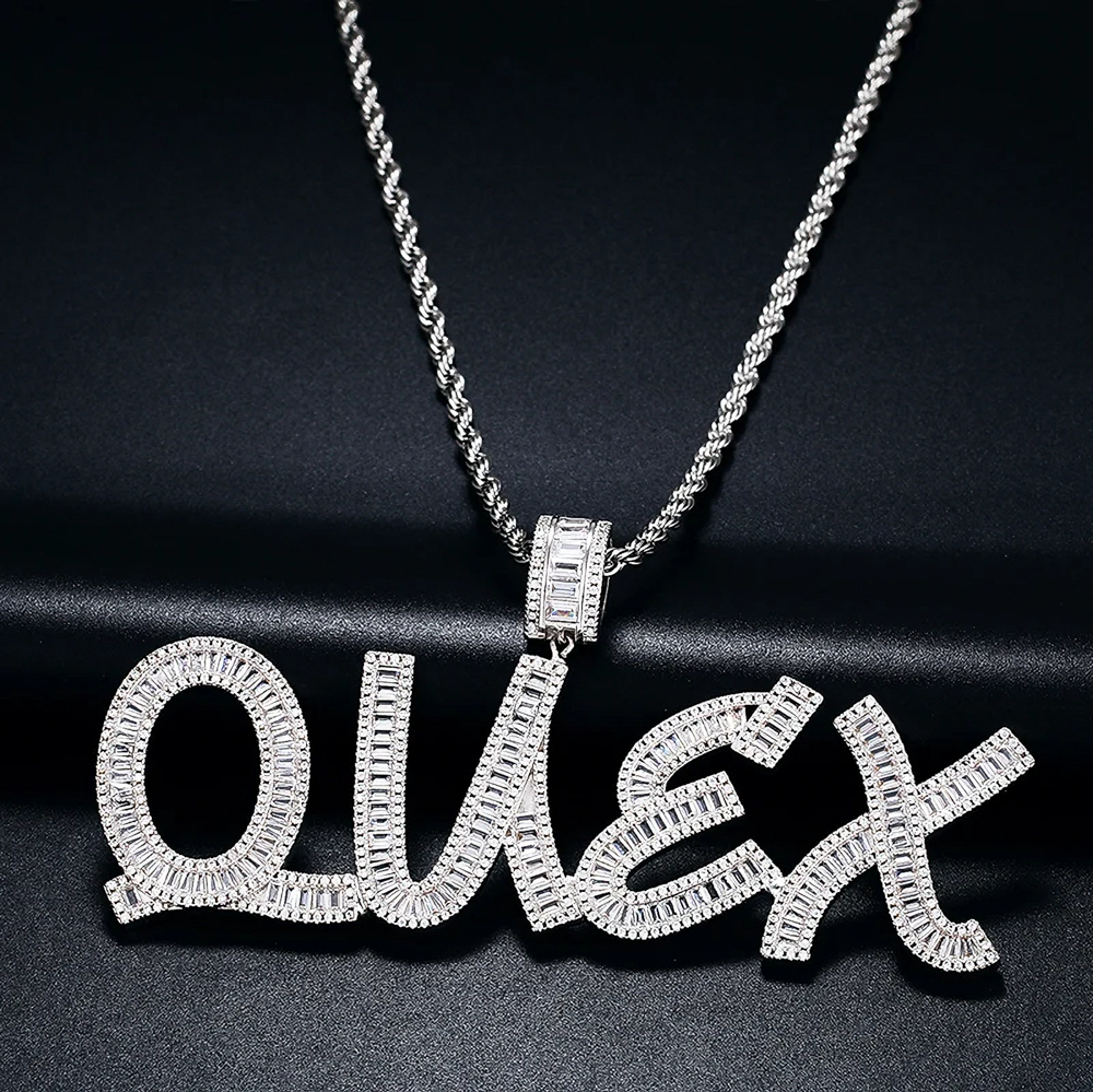 The Kairo Luxe™ – Custom Baguette Moissanite Name Pendant Necklace in 925 Sterling Silver with GRA Certification