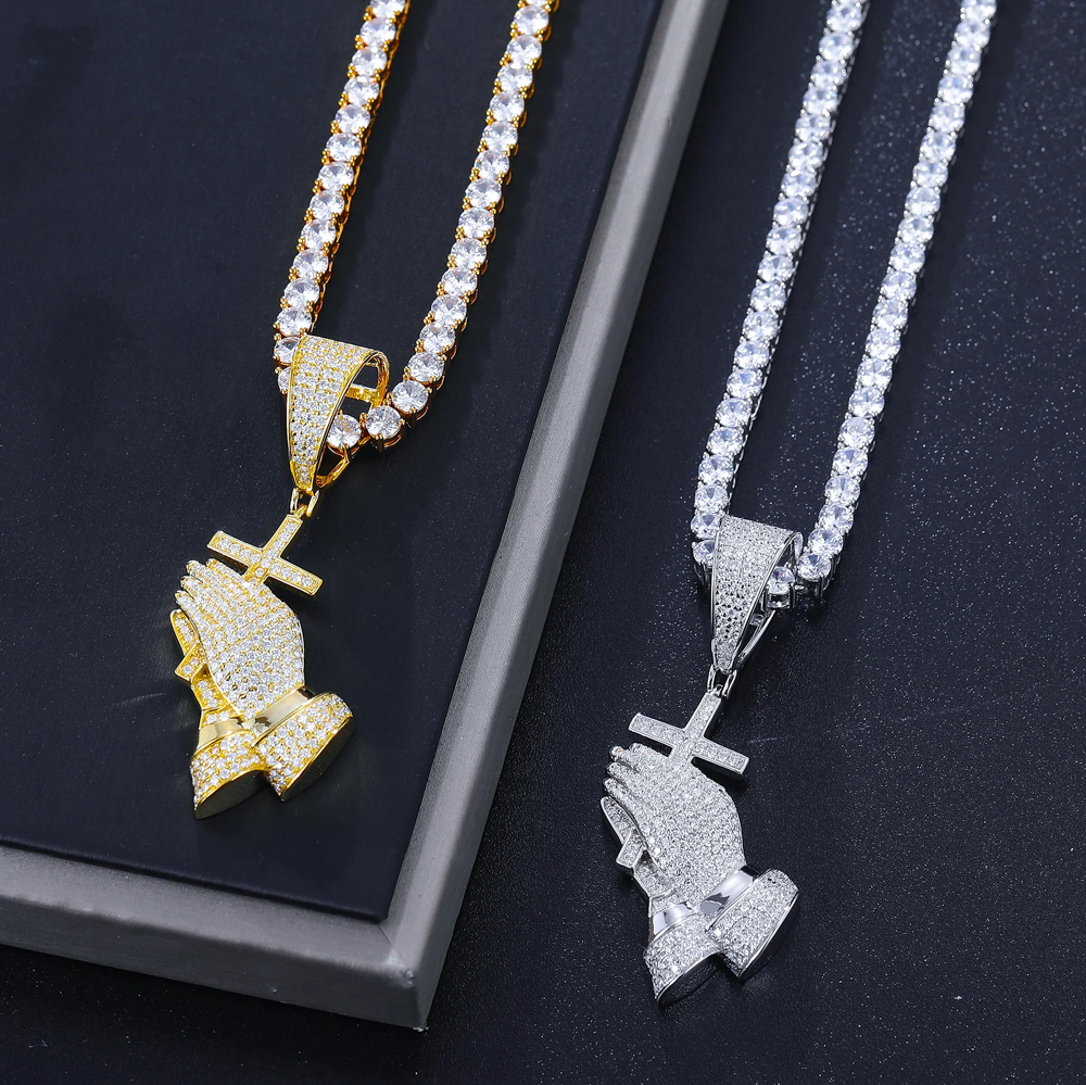 The Ezaria Pendant™ – D Color Moissanite Praying Hands Cross Necklace in 925 Sterling Silver or Gold Finish with Tennis Chain and GRA Certification