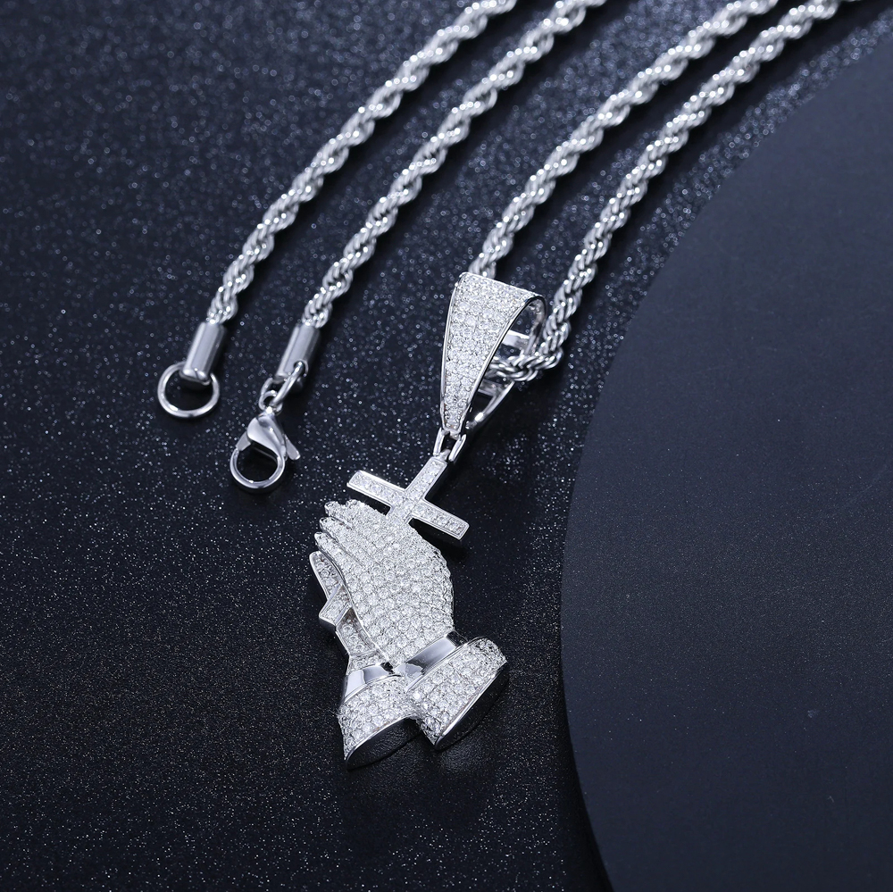 The Ezaria Pendant™ – D Color Moissanite Praying Hands Cross Necklace in 925 Sterling Silver or Gold Finish with Tennis Chain and GRA Certification