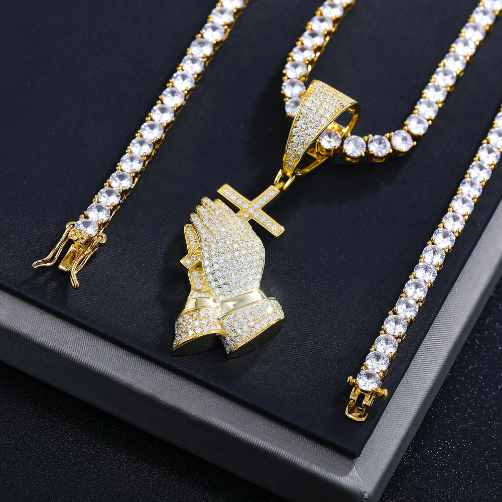The Ezaria Pendant™ – D Color Moissanite Praying Hands Cross Necklace in 925 Sterling Silver or Gold Finish with Tennis Chain and GRA Certification