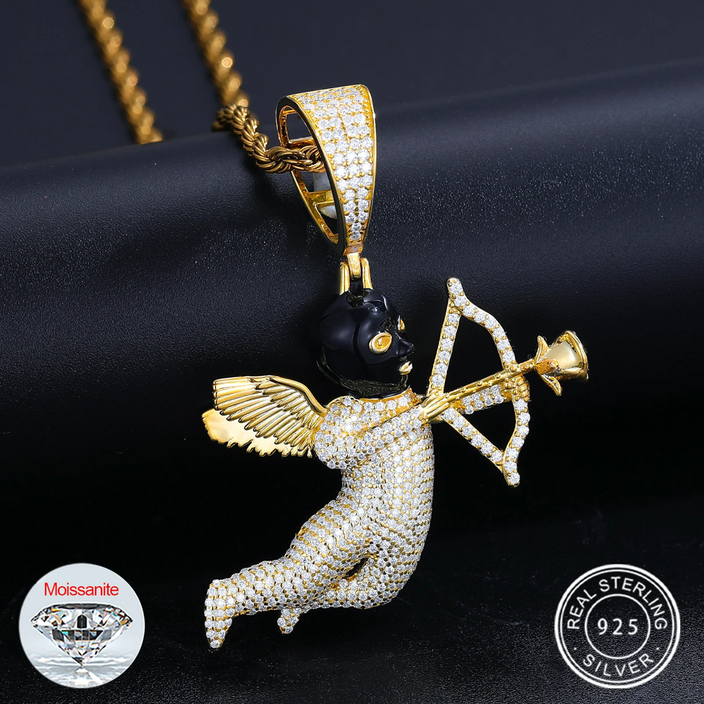 The Eros Noir™ – 925 Sterling Silver Black-Masked Cupid Pendant with D Color Moissanite & Iced Tennis Chain, GRA Certified