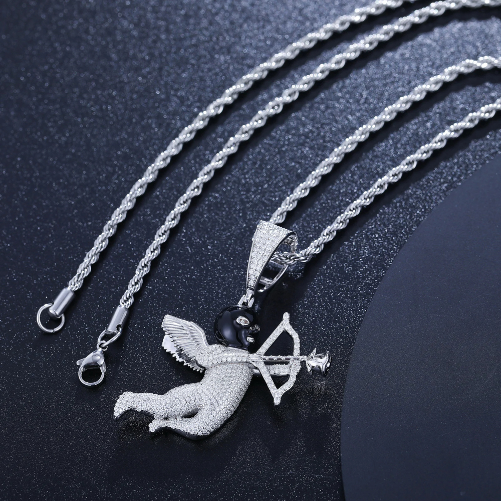 The Eros Noir™ – 925 Sterling Silver Black-Masked Cupid Pendant with D Color Moissanite & Iced Tennis Chain, GRA Certified