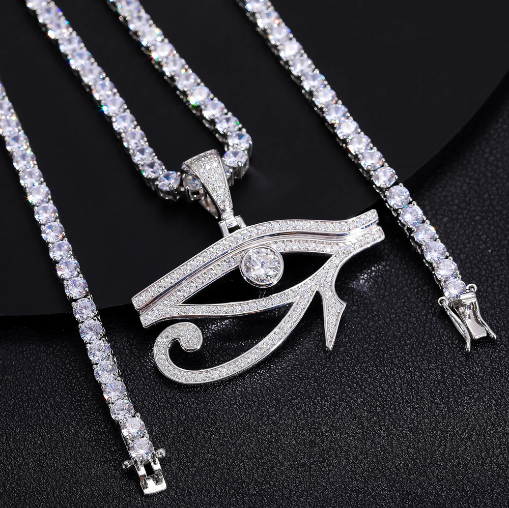 The Horacio Eye™ – Moissanite Eye of Horus Pendant Necklace in 925 Sterling Silver with GRA Certification & Iced Tennis Chain
