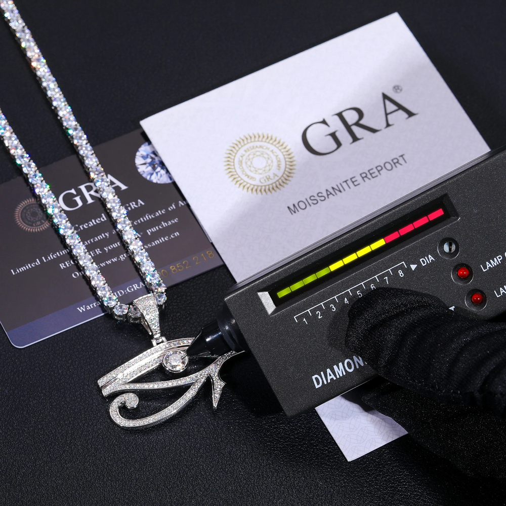 The Horacio Eye™ – Moissanite Eye of Horus Pendant Necklace in 925 Sterling Silver with GRA Certification & Iced Tennis Chain