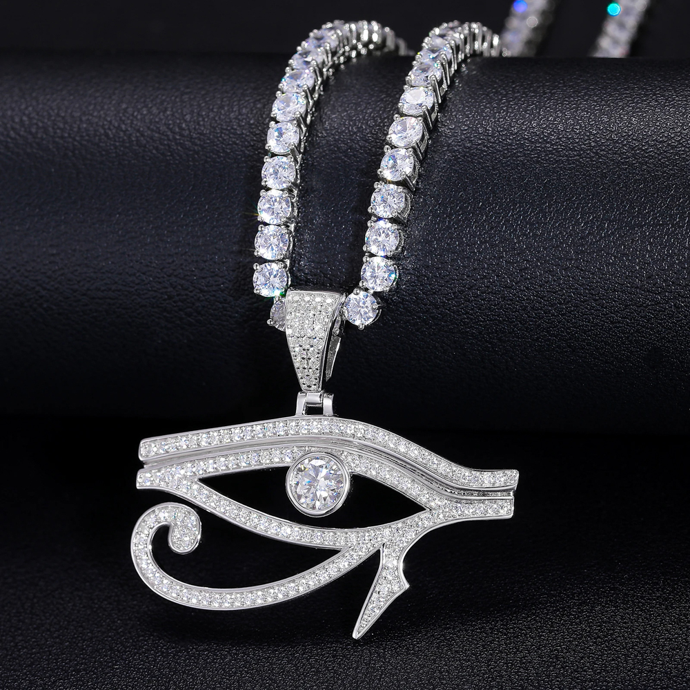 The Horacio Eye™ – Moissanite Eye of Horus Pendant Necklace in 925 Sterling Silver with GRA Certification & Iced Tennis Chain
