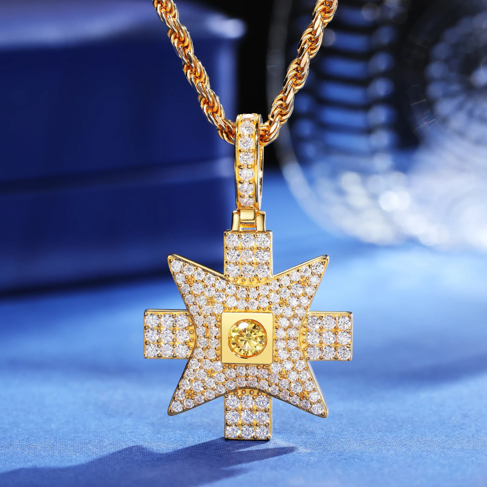 The Cassiel Cross™ – Moissanite Maltese Cross Pendant Necklace in 925 Sterling Silver with Yellow Moissanite Center Stone & GRA Certification