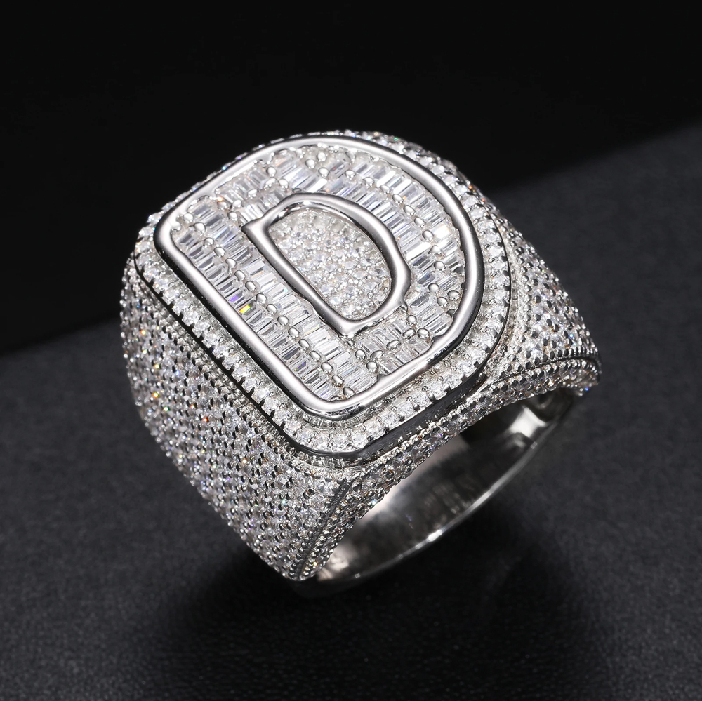 Darius VVS Moissanite Baguette Custom Initial Ring | A-Z Letters | Iced Out Hip Hop Jewelry