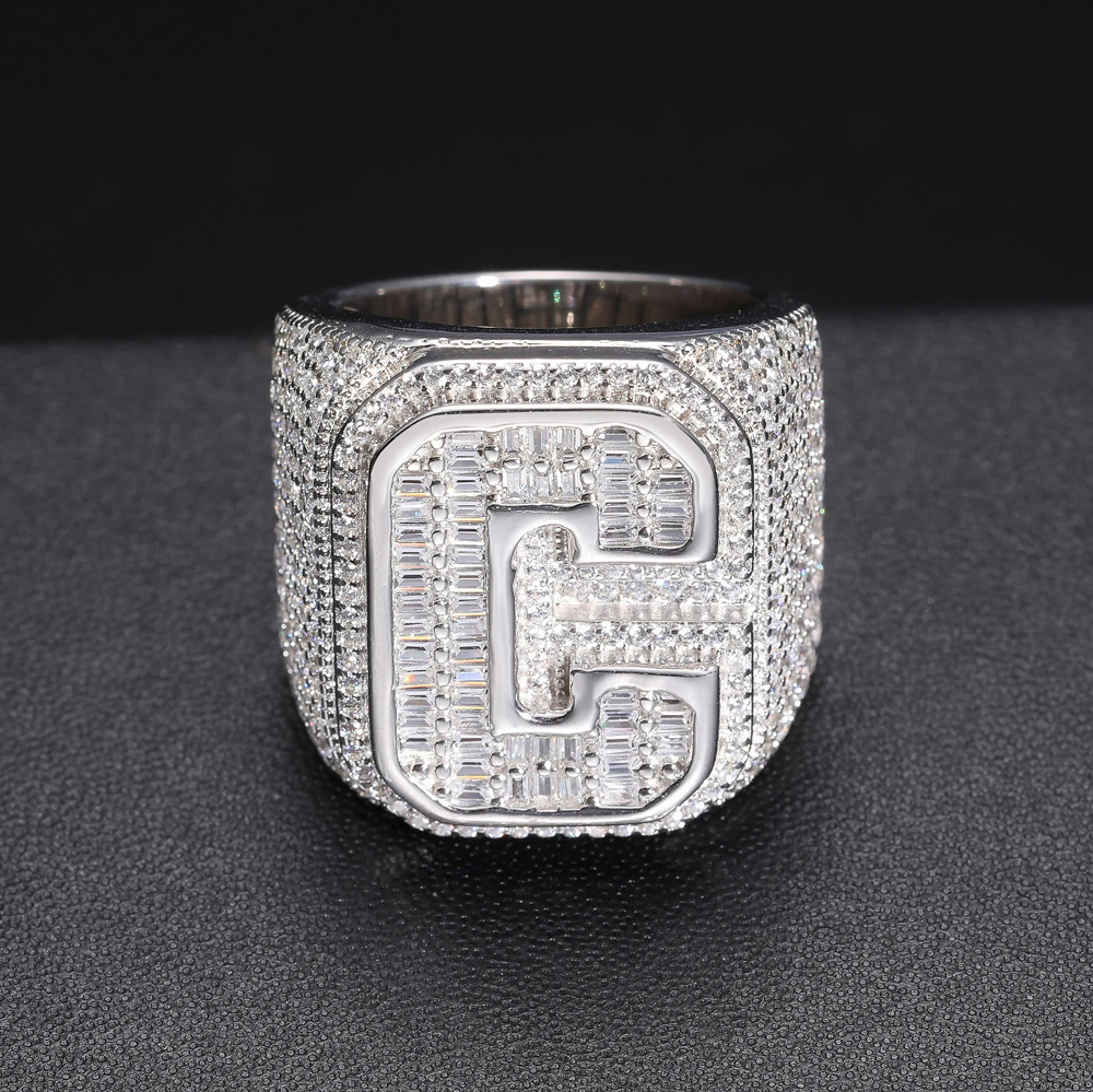 Darius VVS Moissanite Baguette Custom Initial Ring | A-Z Letters | Iced Out Hip Hop Jewelry