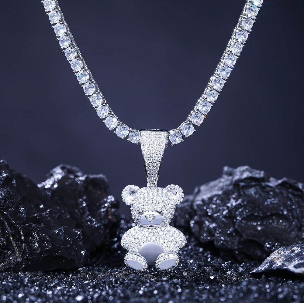 The Bellamy Bear™ – Moissanite Teddy Bear Pendant Necklace in 925 Sterling Silver or Gold Finish with GRA Certification