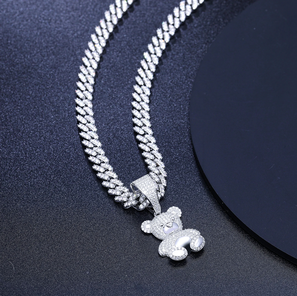The Bellamy Bear™ – Moissanite Teddy Bear Pendant Necklace in 925 Sterling Silver or Gold Finish with GRA Certification