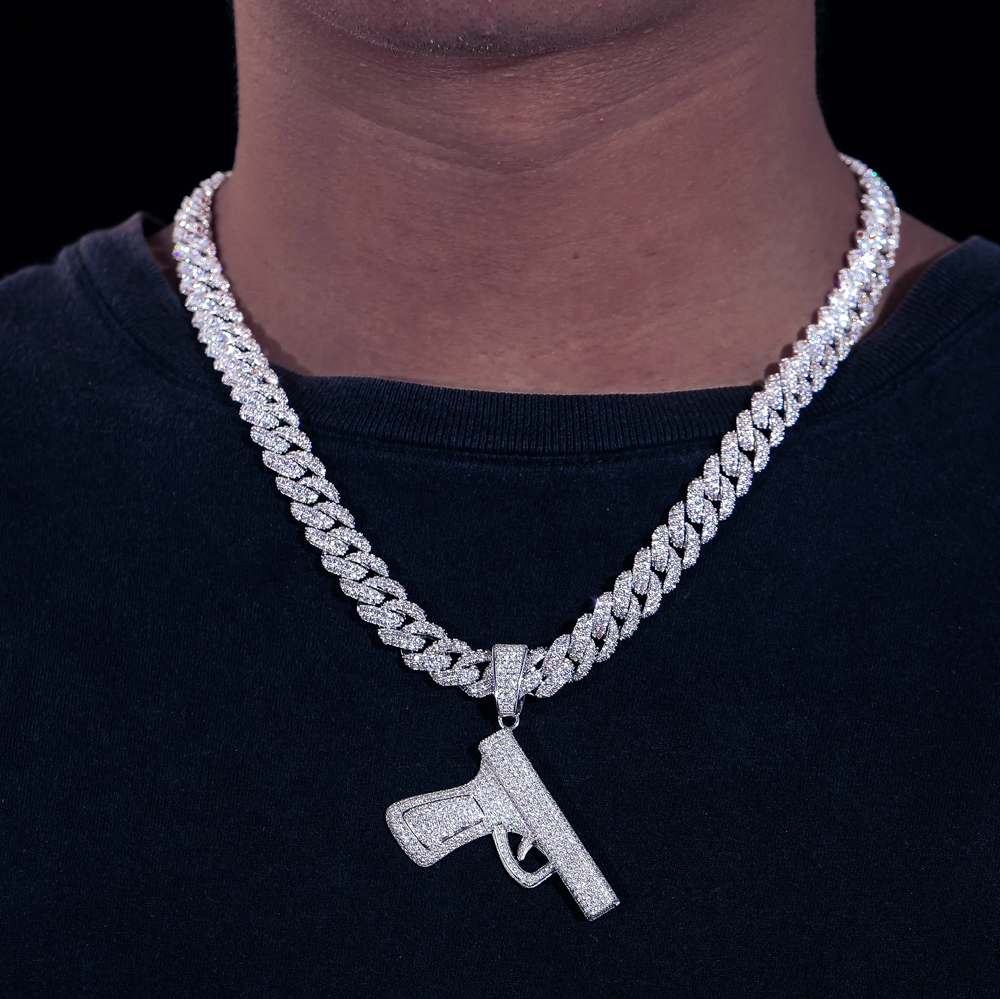 The Ezrael Pistol™ – Moissanite Gun Pendant Necklace in 925 Sterling Silver with GRA Certification | Diamond Tester Approved Iced Cuban Chain Option