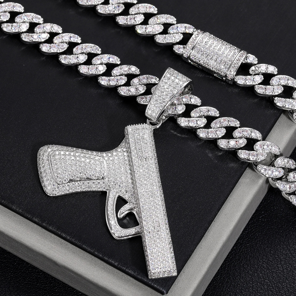 The Ezrael Pistol™ – Moissanite Gun Pendant Necklace in 925 Sterling Silver with GRA Certification | Diamond Tester Approved Iced Cuban Chain Option