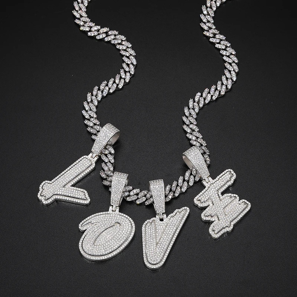 The Jovani Script™ – 925 Sterling Silver Moissanite Custom Letter Pendant Necklace with Iced Cuban Chain & GRA Certification
