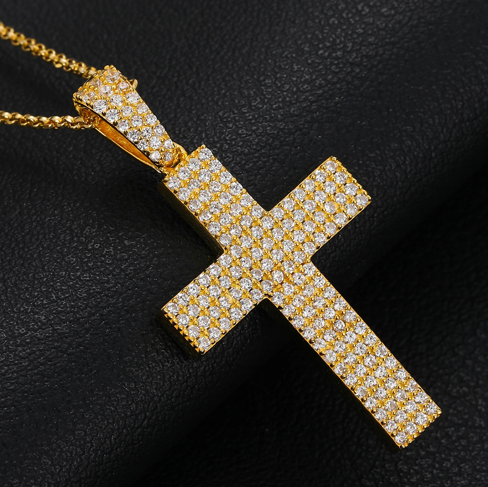 The Lucan Cross™ – Moissanite Four-Row Pavé Cross Pendant Necklace in 925 Sterling Silver or Gold Finish | GRA Certified Diamond Tester Approved