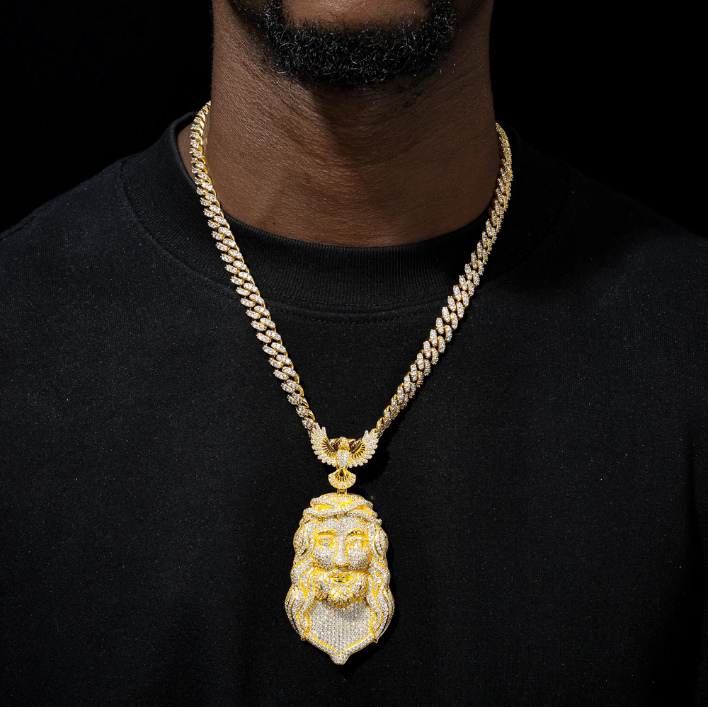 The Evander Pendant™ – Fully Iced Moissanite Jesus Head Necklace with Angelic Bail in 925 Sterling Silver or Gold Finish | GRA Certified | Diamond Tester Approved