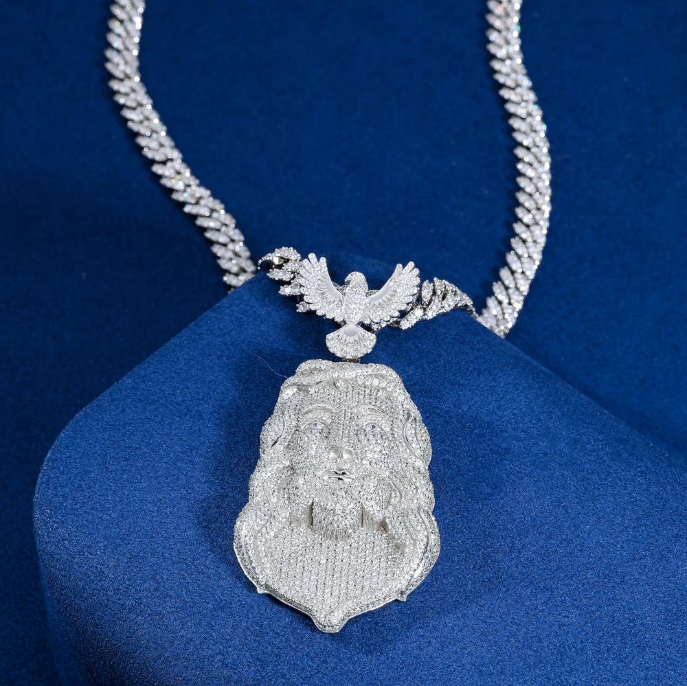 The Evander Pendant™ – Fully Iced Moissanite Jesus Head Necklace with Angelic Bail in 925 Sterling Silver or Gold Finish | GRA Certified | Diamond Tester Approved