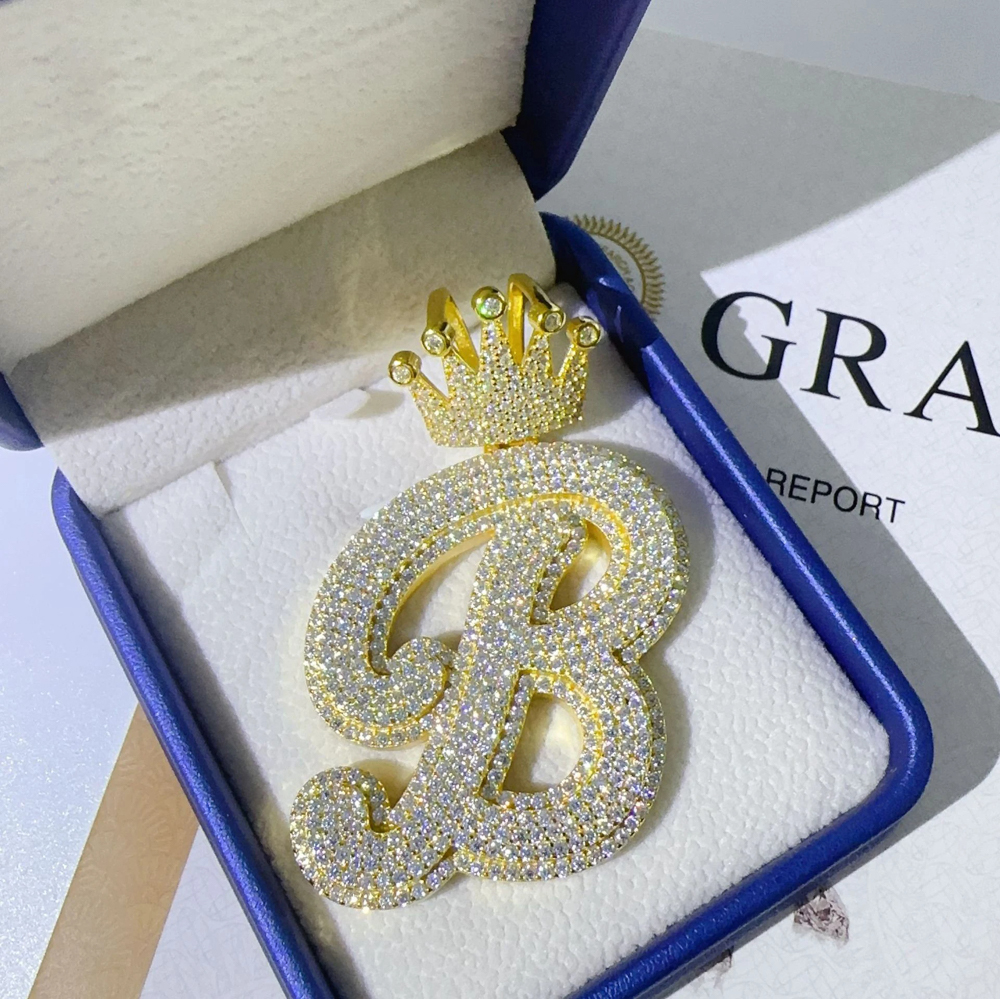 The Valerius Crown™ – Full Moissanite Crown Letter Pendant Necklace in 925 Sterling Silver | D Color VVS Moissanite | GRA Certified | Diamond Tester Approved