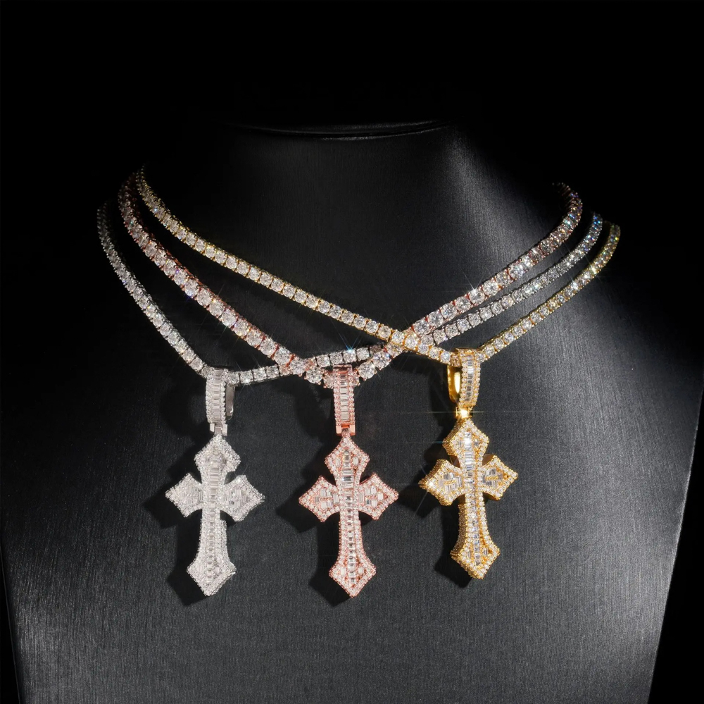 The Cyprian Cross™ – Full Moissanite D Color Baguette Cross Pendant Necklace in 925 Sterling Silver | S925 Certified Hip Hop Jewelry | Diamond Tester Approved