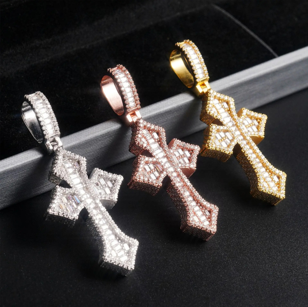 The Cyprian Cross™ – Full Moissanite D Color Baguette Cross Pendant Necklace in 925 Sterling Silver | S925 Certified Hip Hop Jewelry | Diamond Tester Approved