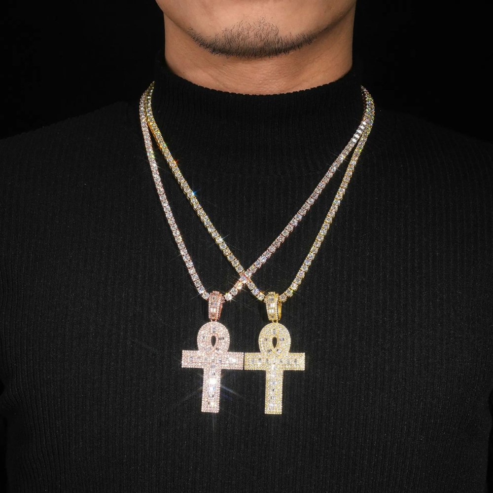 The Amaranthe Ankh™ – D Color Full Moissanite Pave Ankh Pendant Necklace in 925 Sterling Silver | Diamond Tester Approved Hip Hop Jewelry
