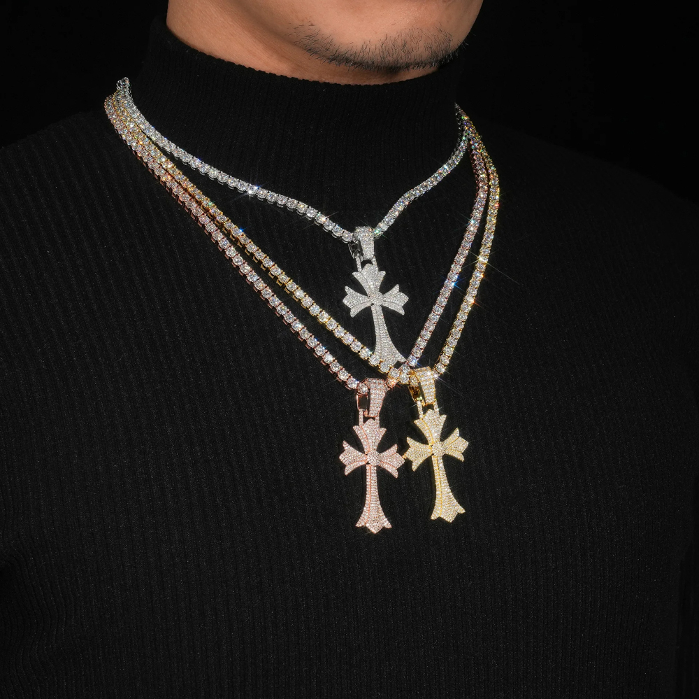The Caelum Cross™ – Full Moissanite D Color Gothic Cross Pendant Necklace in 925 Sterling Silver with GRA Certification